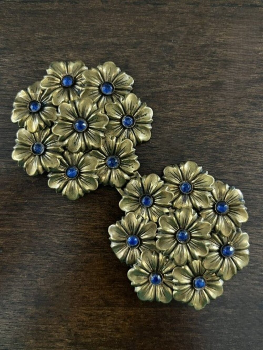 Vintage Buckle Brass Tone Floral Blue Stones